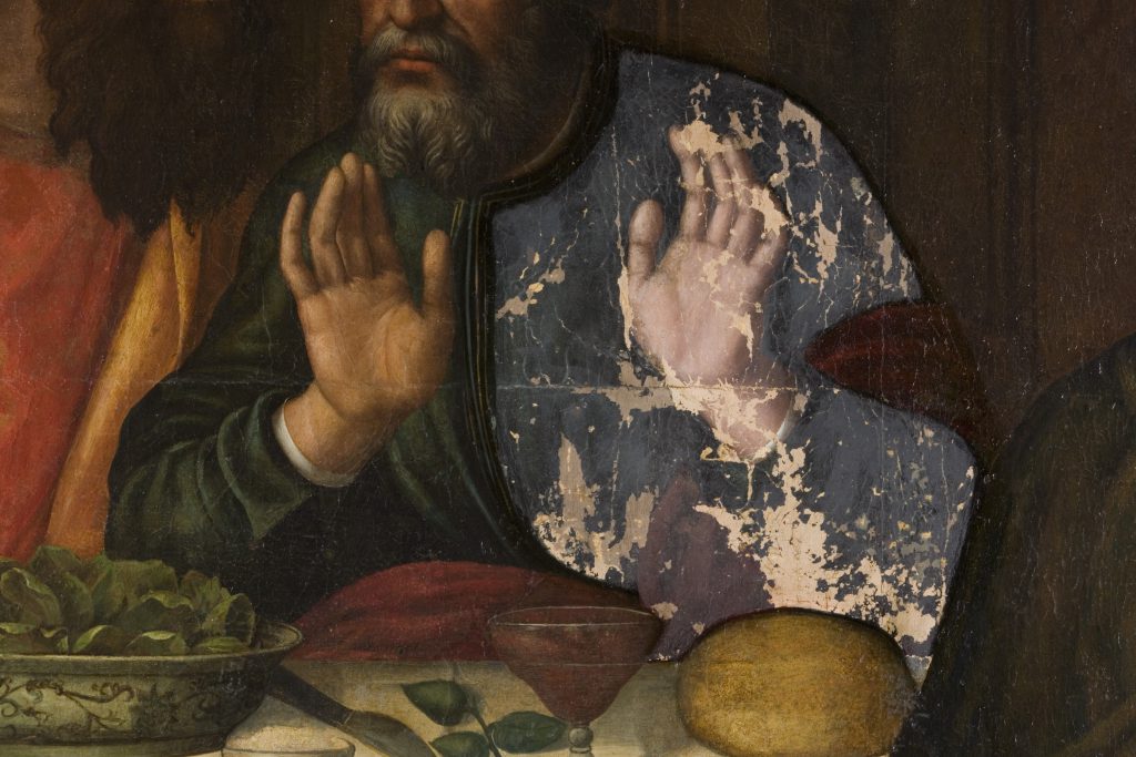 Before/after restoration detail for Plautilla Nelli
